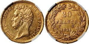 20 Franc Monarquía de Julio (1830-1848) Oro Luis Felipe I de Francia  (1773 -1850)