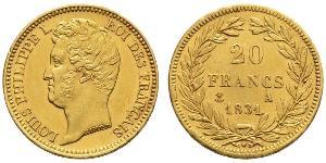 20 Franc Monarquía de Julio (1830-1848) Oro Luis Felipe I de Francia  (1773 -1850)