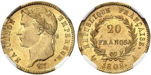 20 Franc Primer Imperio francés (1804-1814) Oro Napoleón Bonaparte(1769 - 1821)