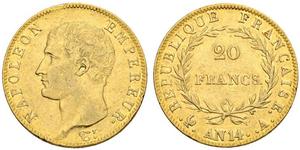 20 Franc Primer Imperio francés (1804-1814) Oro Napoleón Bonaparte(1769 - 1821)