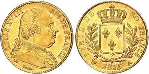 20 Franc Reino de Francia (1815-1830) Oro Luis XVIII de Francia (1755-1824)