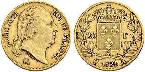 20 Franc Reino de Francia (1815-1830) Oro Luis XVIII de Francia (1755-1824)