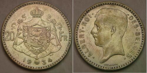 20 Franc Bélgica Plata Alberto I de Bélgica (1875 - 1934)