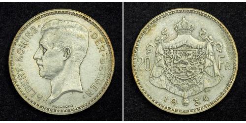 20 Franc Belgien Silber Albert I. (Belgien) (1875 - 1934)