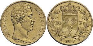 20 Franc 波旁复辟 金 查理十世 (法兰西) (1757-1836)