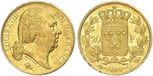 20 Franc 波旁复辟 金 路易十八 (1755 - 1824)