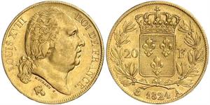 20 Franc 波旁复辟 金 路易十八 (1755 - 1824)