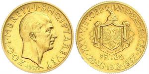 20 Franc 阿尔巴尼亚 / 阿尔巴尼亚王国 (1928 - 1939) 金 Zog I, Skanderbeg III of Albania