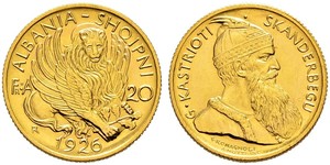20 Franga Ari Albanian Republic (1925-1928) Gold Zog I, Skanderbeg III of Albania