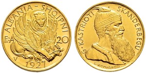20 Franga Ari Albanian Republic (1925-1928) Gold Zog I, Skanderbeg III of Albania