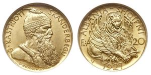 20 Franga Ari Albanian Republic (1925-1928) Gold Zog I, Skanderbeg III of Albania