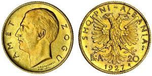 20 Franga Ari République albanaise (1925-1928) Or Zog I, Skanderbeg III of Albania