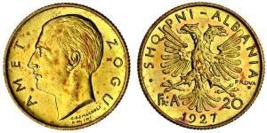 20 Franga Ari République albanaise (1925-1928) Or Zog I, Skanderbeg III of Albania