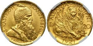 20 Franga Ari 阿尔巴尼亚共和国 (1925－1928) (1925 - 1928) 金 Zog I, Skanderbeg III of Albania