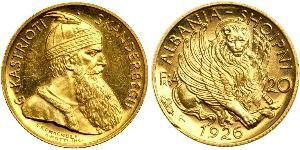 20 Franga Ari 阿尔巴尼亚共和国 (1925－1928) (1925 - 1928) 金 Zog I, Skanderbeg III of Albania