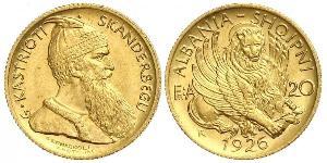 20 Franga Ari 阿尔巴尼亚共和国 (1925－1928) (1925 - 1928) 金 Zog I, Skanderbeg III of Albania
