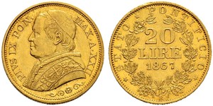 20 Lira États pontificaux (752-1870) Or Pie IX (1792- 1878)