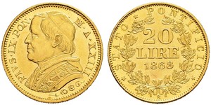 20 Lira Stato Pontificio (752-1870) Oro Papa Pio IX (1792- 1878)