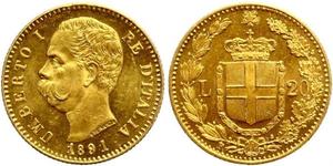 20 Lira 意大利王國 (1861-1946) 金 Umberto I (1844-1900)
