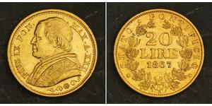 20 Lira 教皇国 (754 - 1870) 金 Pope Pius IX (1792- 1878)