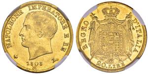 20 Lira 義大利王國 (拿破崙時代) (1805 - 1814) 金 拿破仑一世(1769 - 1821)