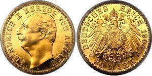 20 Mark Anhalt-Dessau (1603 -1863) Gold Friedrich II. (Anhalt)(1856 – 1918)