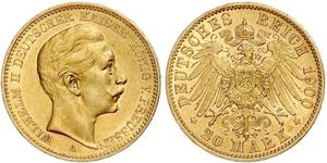 20 Mark Kingdom of Prussia (1701-1918) Gold Wilhelm II, German Emperor (1859-1941)