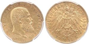 20 Mark Kingdom of Württemberg (1806-1918) Gold Wilhelm II, German Emperor (1859-1941)
