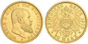 20 Mark Königreich Württemberg (1806-1918) Gold Wilhelm II, German Emperor (1859-1941)
