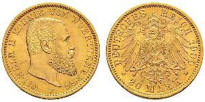20 Mark Königreich Württemberg (1806-1918) Gold Wilhelm II, German Emperor (1859-1941)