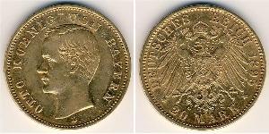20 Mark Royaume de Bavière (1806 - 1918) Or Othon Ier de Bavière(1848 – 1916)
