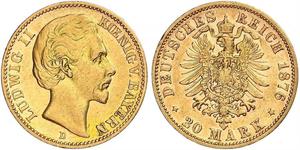 20 Mark Royaume de Bavière (1806 - 1918) Or Louis II de Bavière (1845-1886)(1845 – 1886)