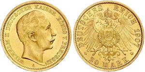 20 Mark Royaume de Prusse (1701-1918) Or Wilhelm II, German Emperor (1859-1941)