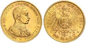 20 Mark Royaume de Prusse (1701-1918) Or Wilhelm II, German Emperor (1859-1941)