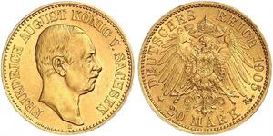 20 Mark Royaume de Saxe (1806 - 1918) Or Frédéric-Auguste III de Saxe (1865-1932)