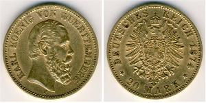 20 Mark Royaume de Wurtemberg (1806-1918) Or Charles Ier de Wurtemberg