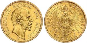 20 Mark Anhalt-Dessau (1603 -1863) Oro Federico I di Anhalt (1831-1904)