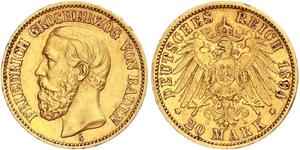20 Mark Gran Ducado de Baden (1806-1918) Oro Federico I de Baden (1826 - 1907)