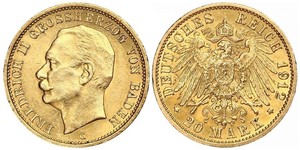 20 Mark Gran Ducado de Baden (1806-1918) Oro Federico II de Baden (1857 - 1928)