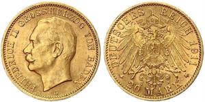 20 Mark Gran Ducado de Baden (1806-1918) Oro Federico II de Baden (1857 - 1928)