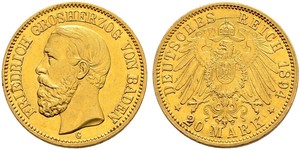 20 Mark Grand Duchy of Baden (1806-1918) Oro Federico I di Baden (1826 - 1907)