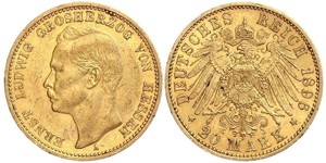 20 Mark Hesse-Darmstadt (1806 - 1918) Oro Ernesto Luis de Hesse-Darmstadt (1868 - 1937)