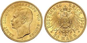 20 Mark Hesse-Darmstadt (1806 - 1918) Oro Ernesto Luis de Hesse-Darmstadt (1868 - 1937)