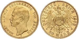 20 Mark Hesse-Darmstadt (1806 - 1918) Oro Ernesto Luis de Hesse-Darmstadt (1868 - 1937)