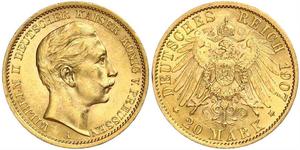 20 Mark Regno di Prussia (1701-1918) Oro Wilhelm II, German Emperor (1859-1941)