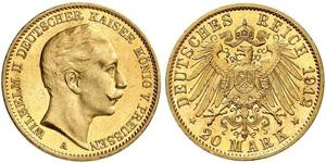 20 Mark Regno di Prussia (1701-1918) Oro Wilhelm II, German Emperor (1859-1941)