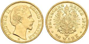 20 Mark Reino de Baviera (1806 - 1918) Oro Luis II de Baviera(1845 – 1886)
