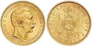 20 Mark Reino de Prusia (1701-1918) Oro Wilhelm II, German Emperor (1859-1941)