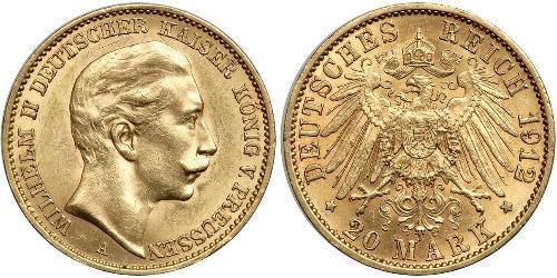 20 Mark Reino de Prusia (1701-1918) Oro Wilhelm II, German Emperor (1859-1941)