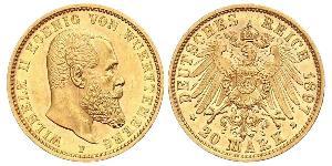 20 Mark Reino de Wurtemberg (1806-1918) Oro Wilhelm II, German Emperor (1859-1941)